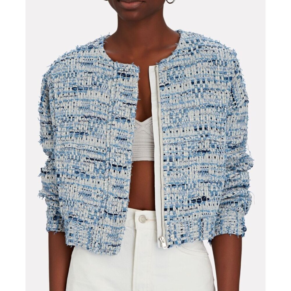 Iro Womens Collarless, Cropped Zippered Jacket‎ XL Blue Denim Tweed Bouclé Jengo
